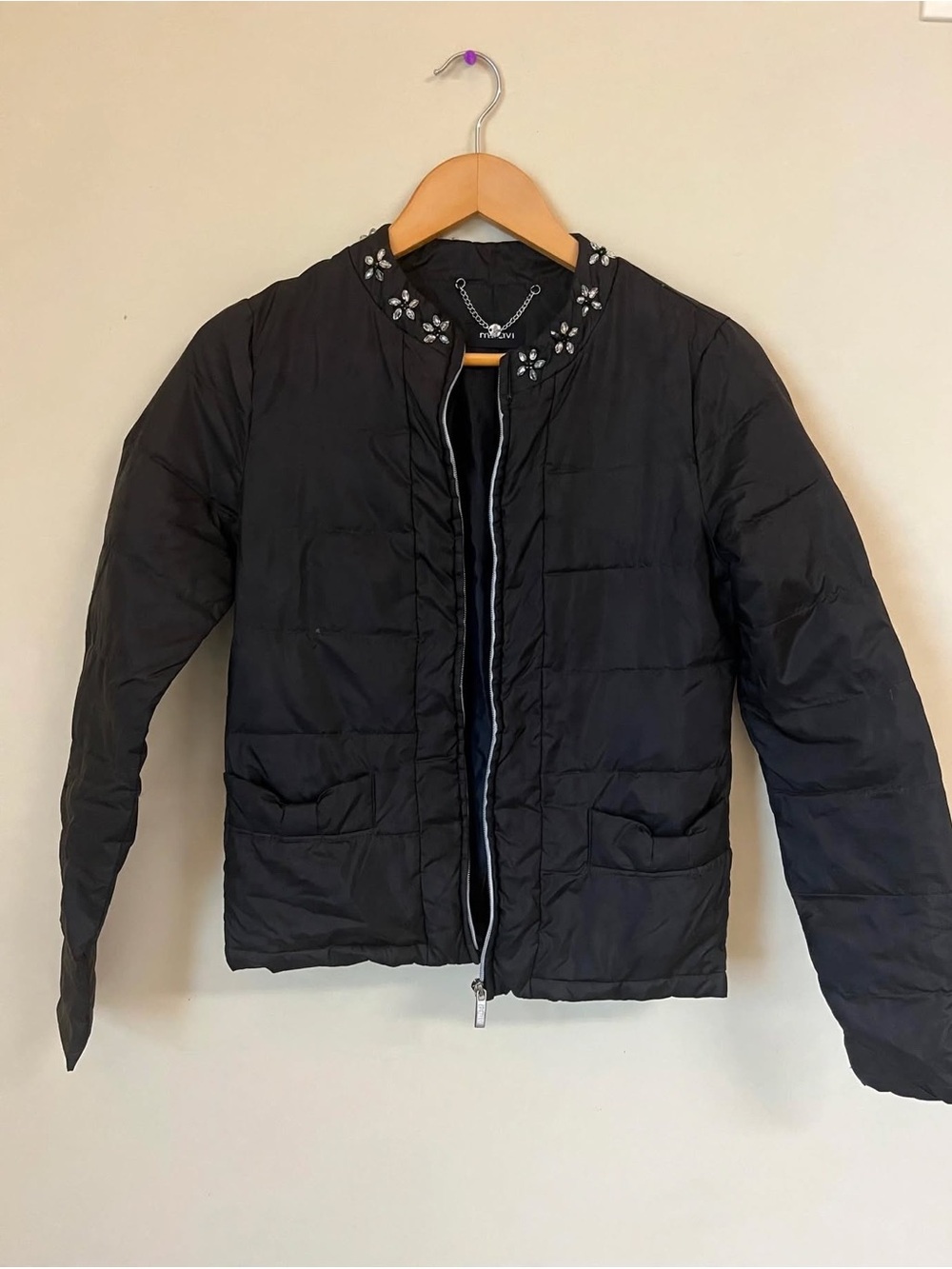 Motivi Black Quilted Puffer Jacket with Embellished Collar